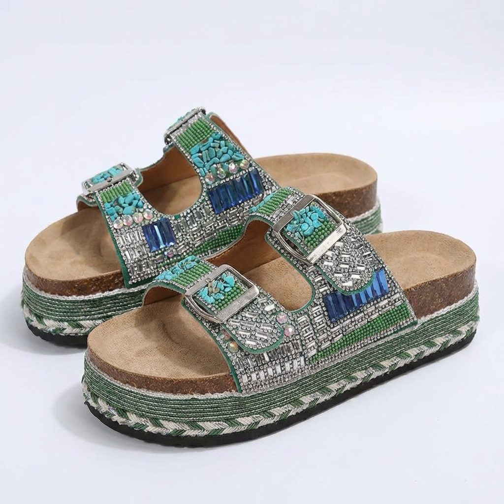 Women's Rhinestone Slip-On Sandals with Summer Design