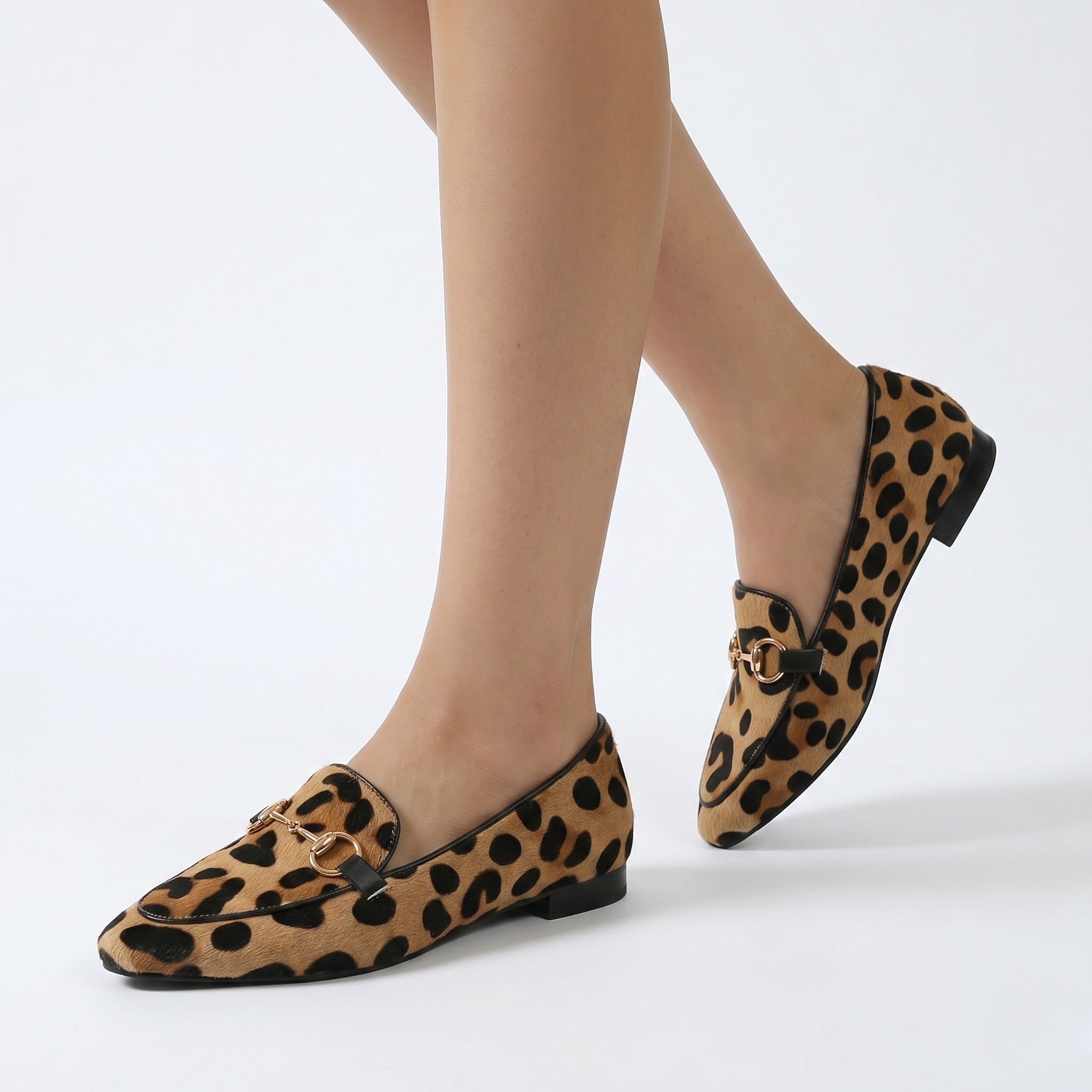 Women's Leopard Print Loafers with Metal Bit Detail and Pointed Toe
