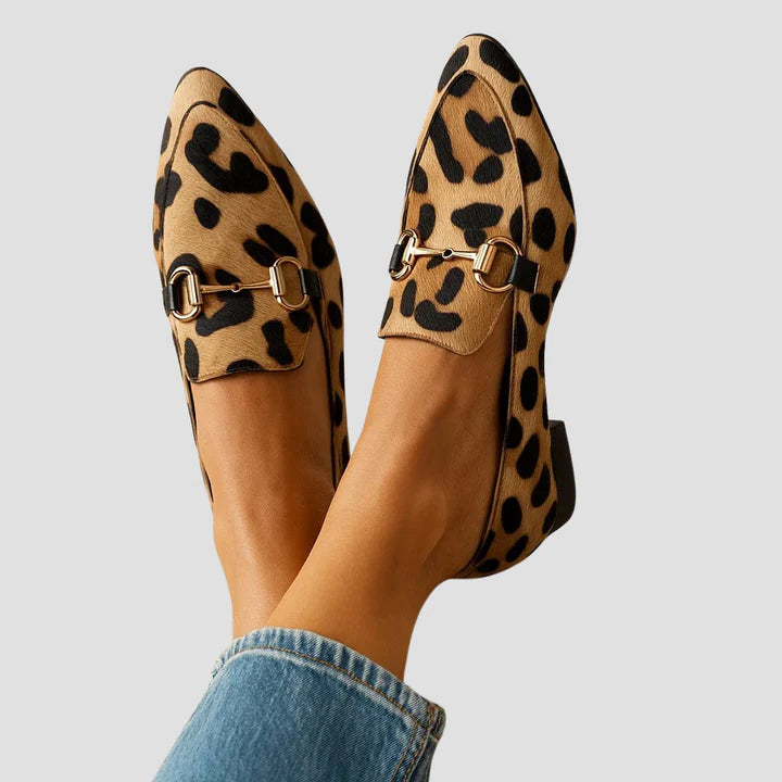 Women's Leopard Print Loafers with Metal Bit Detail and Pointed Toe