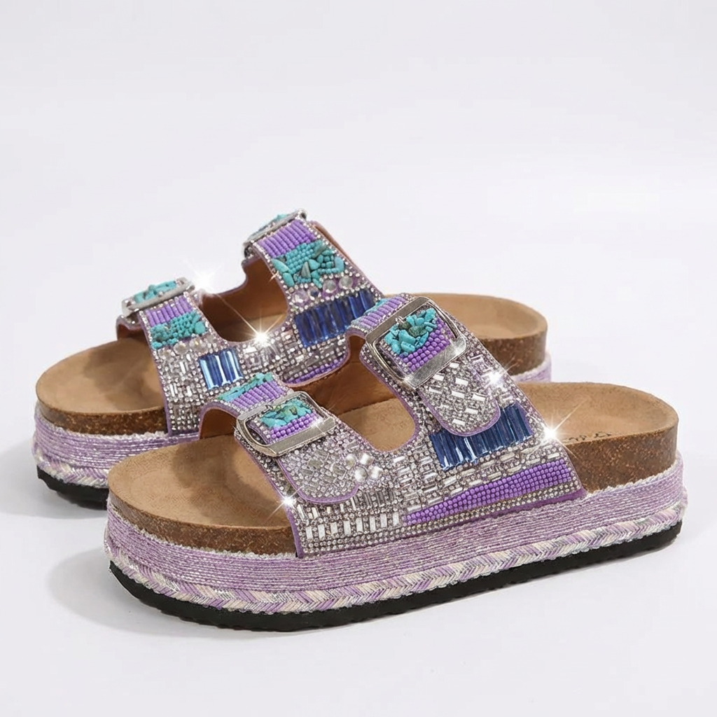 Women's Rhinestone Slip-On Sandals with Summer Design