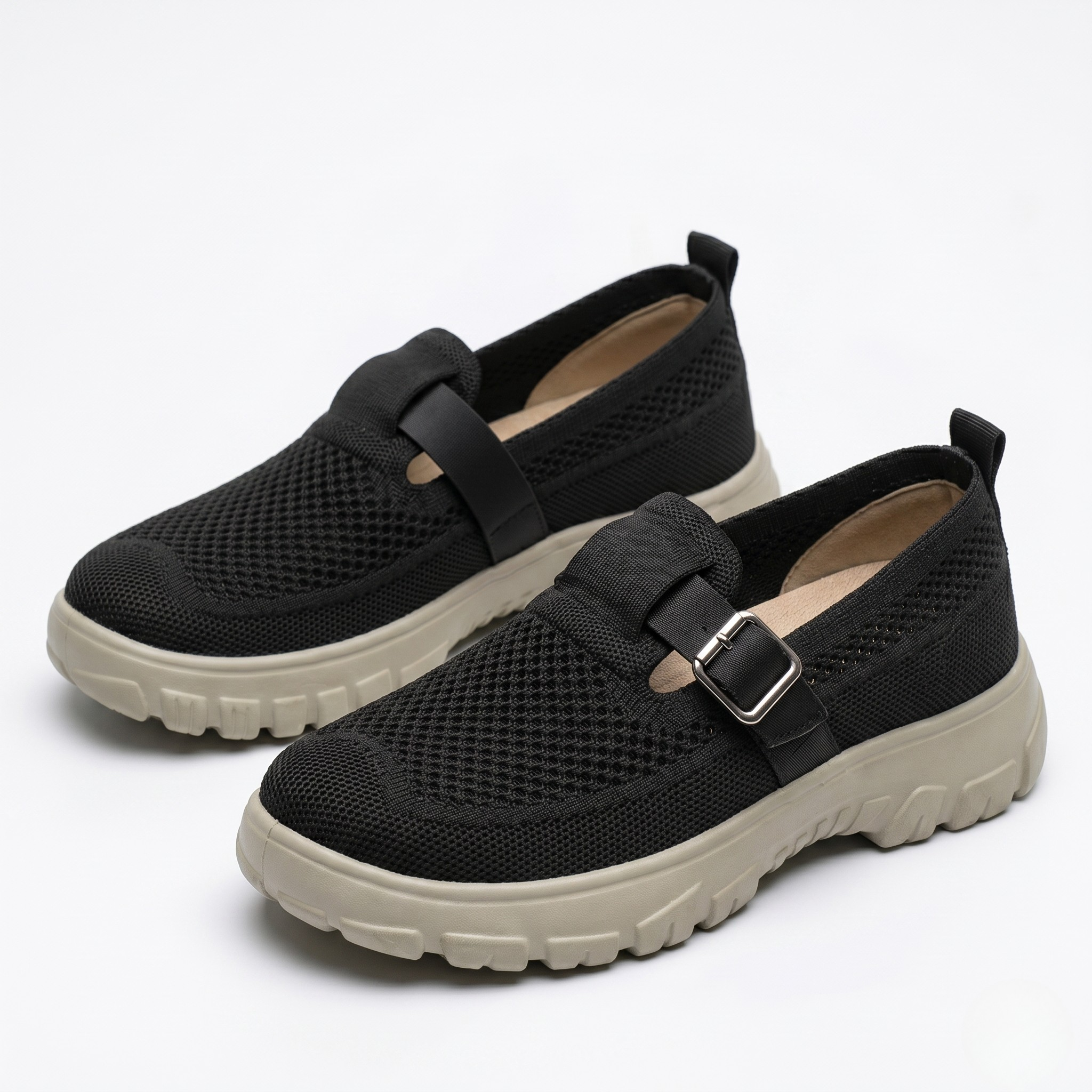 Women's Orthopedic Slip-On Sneakers Mesh Construction and Buckle Strap