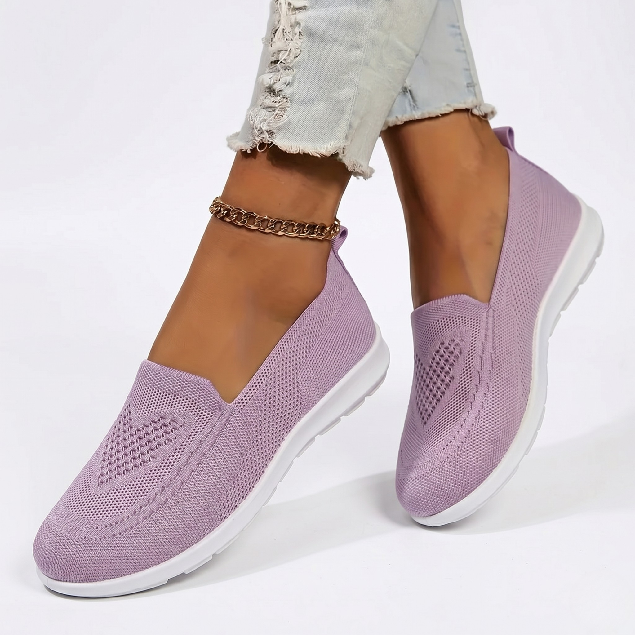 Women's Ergonomic Breathable Mesh Slip-On Sneakers with Heart Pattern and Flexible Sole