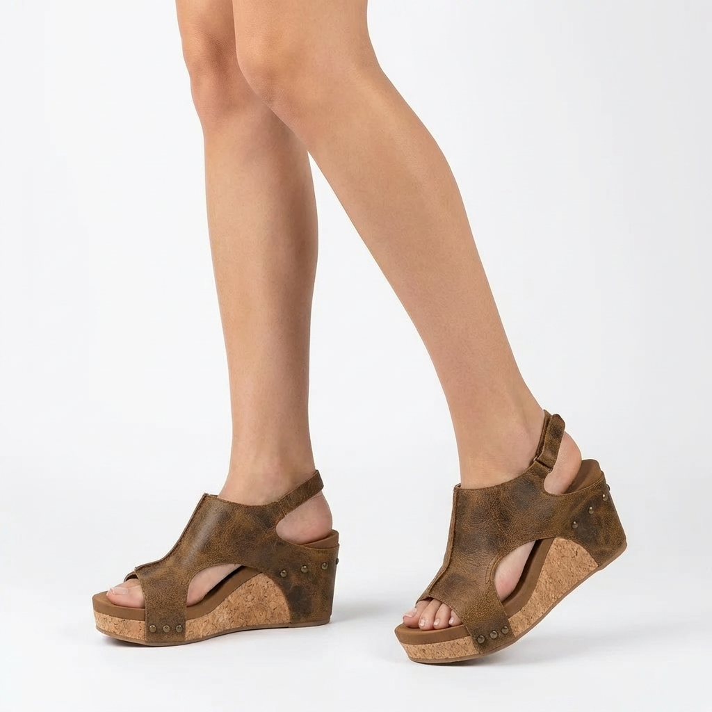 Women's Cork Wedge Sandals with Cushioned Comfort and Stud Details