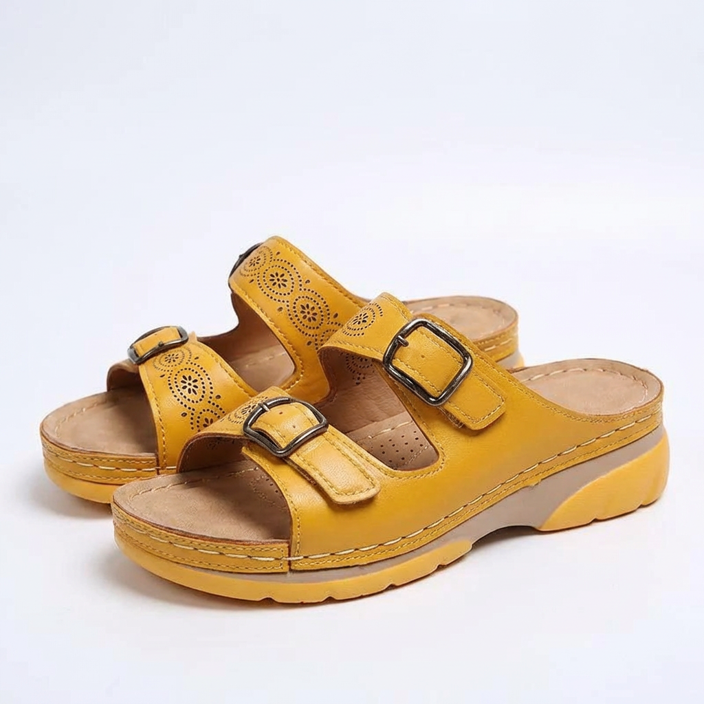 Women's Leather Slide Sandals with Adjustable Buckles for Summer